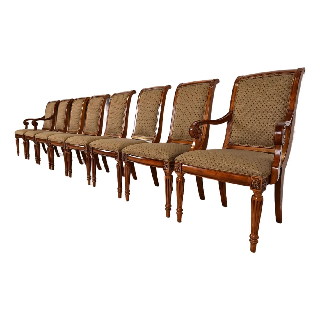 Ethan Allen French Regency Louis XVI Carved Cherry Wood Upholstered Dining Chairs, Set of Eight (1 of 10)