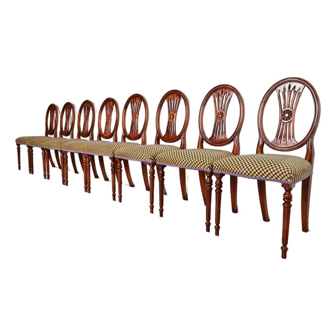 French Regency Louis XVI Carved Mahogany Dining Chairs by Bevan Funnell, Set of Eight: A gorgeous set of eight French Regency Louis XVI style side chairs or dining chairs By Bevan Funnell Ltd. USA, Circa Late 20th Century Solid carved mahogany frames, with upholstered seats. Measures: 1