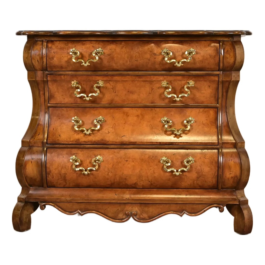 1980s Baker Furniture Dutch Baroque Burled Walnut Bombe Chest or Commode: A gorgeous Dutch Baroque or Louis XV style bombay chest, commode, or dresser By Baker Furniture USA, Circa 1980s Burled walnut, with original brass hardware. Measures: 40.25"W x 22"D x 33.5"H. Very go