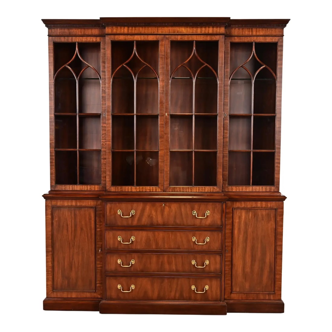 1990s Henkel Harris Georgian Carved Mahogany Lighted Breakfront Bookcase Cabinet (1 of 12)