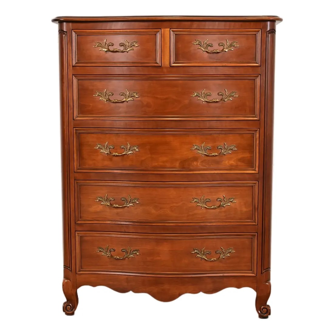 1980s Kindel Furniture French Provincial Louis XV Carved Cherry Wood Highboy Dresser: An exceptional French Provincial Louis XV style six-drawer highboy dresser or chest of drawers By Kindel Furniture USA, Circa 1980s Solid carved cherry wood, with original brass hardware. Measures: 38