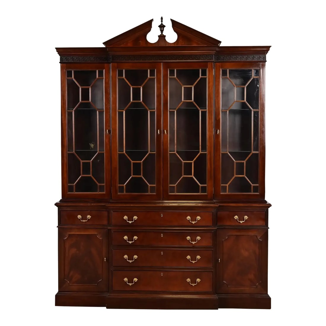 Late 20th Century Stickley Chippendale Carved Flame Mahogany Lighted Breakfront Bookcase Cabinet (1 of 12)