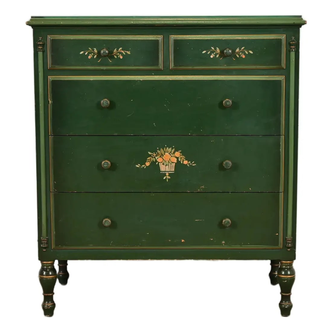 Stickley Brothers Antique Early American Country Cottage Green Lacquered Floral Painted Dresser (1 of 14)