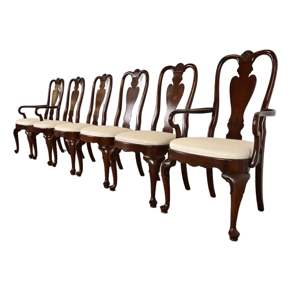 Ethan Allen Queen Anne Solid Mahogany Dining Chairs, Set of Six: An outstanding set of six Queen Anne or Georgian style dining chairs By Ethan Allen USA, Late 20th Century Solid mahogany frames, with upholstered seats. Measures: Side chairs - 21.25"W x 23.5"D x 40.