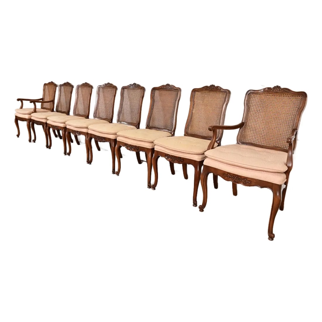 Baker Furniture Style French Provincial Louis XV Walnut and Cane Back Dining Chairs, Set of Eight (1 of 12)