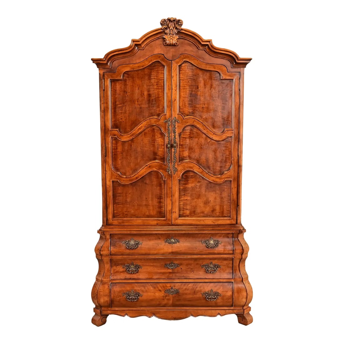 1980s Henredon French Provincial Louis XV Carved Walnut Bombe Form Lighted Bar Cabinet (1 of 17)