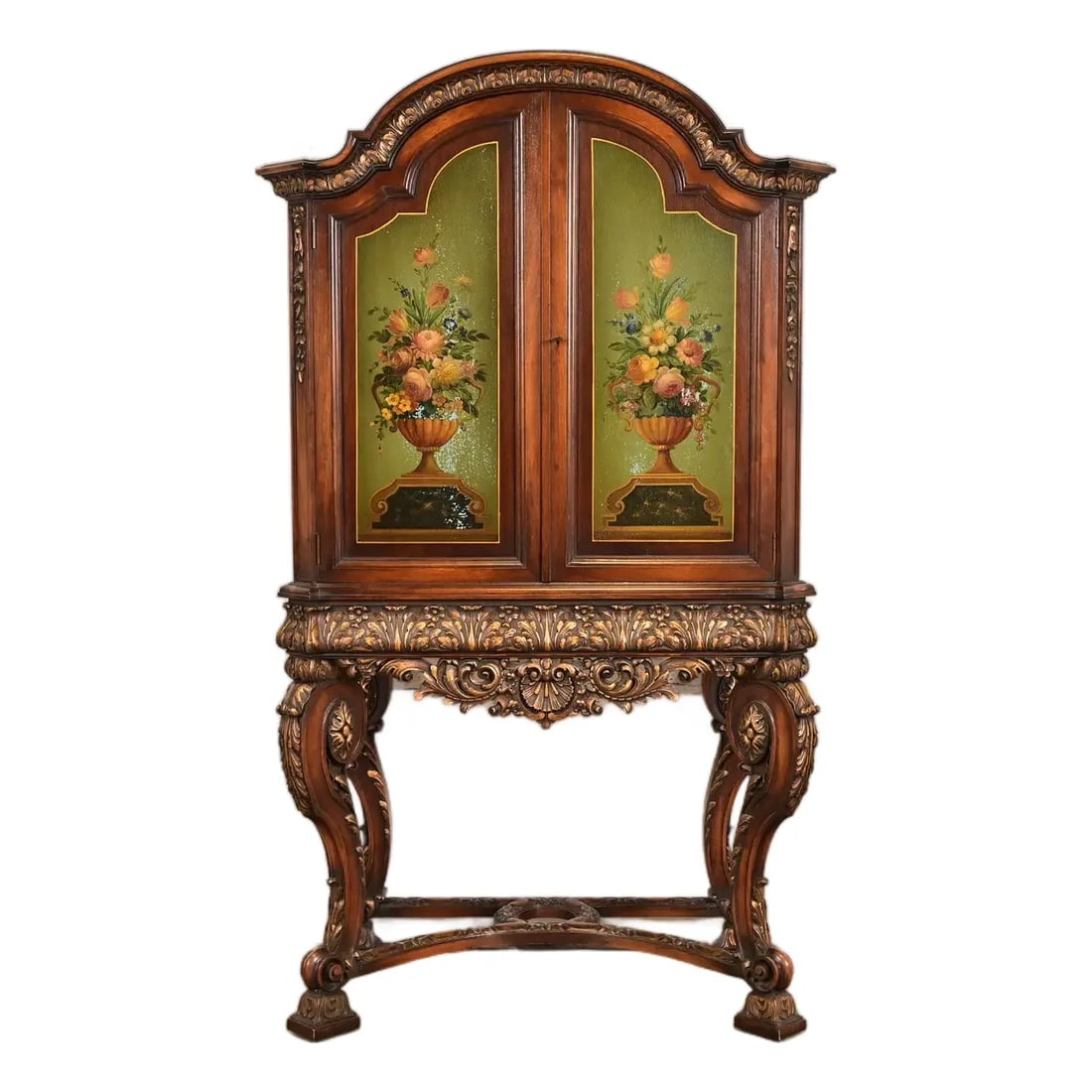 Berkey & Gay Style Antique English Jacobean Carved Walnut Hand Painted Bookcase or Bar Cabinet (1 of 14)