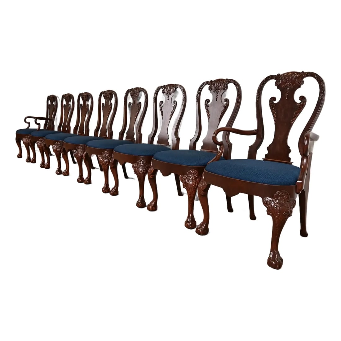 Baker Furniture Stately Homes Georgian Carved Burled Walnut Dining Chairs, Newly Refinished: An outstanding set of eight Georgian or Chippendale style dining chairs From the prestigious "Stately Homes Collection" by Baker Furniture USA, 1980s Gorgeous carved burled walnut, with upholstered se