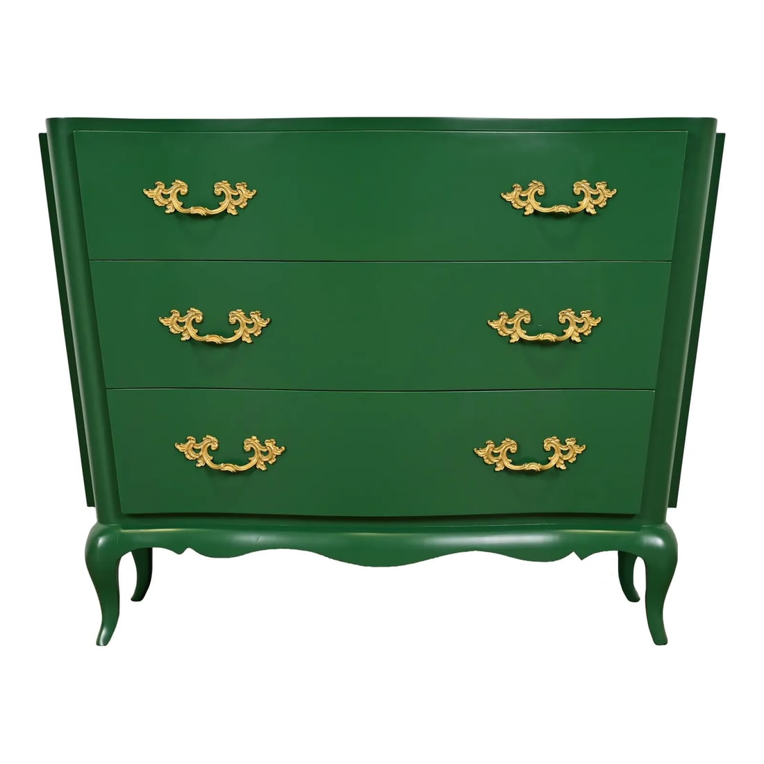 Grosfeld House French Provincial Louis XV Green Lacquered Chest of Drawers or Commode: An exceptional French Provincial Louis XV style serpentine front three-drawer dresser or chest of drawers By Grosfeld House USA, Circa 1940s Green lacquered mahogany, with original brass hardware. Mea