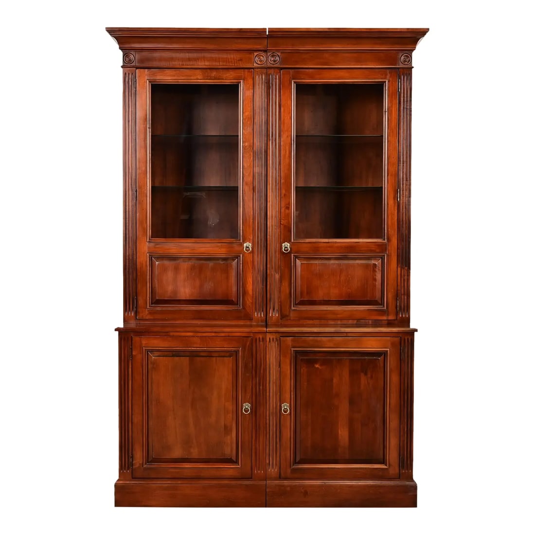 Ethan Allen British Colonial Carved Cherry Wood Lighted Breakfront Bookcase Cabinet (1 of 15)