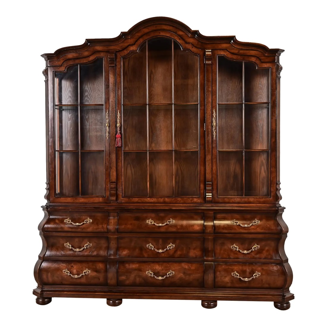 Henredon Dutch Louis XV Oak and Burl Wood Bombe Form Lighted Breakfront Bookcase Cabinet (1 of 14)