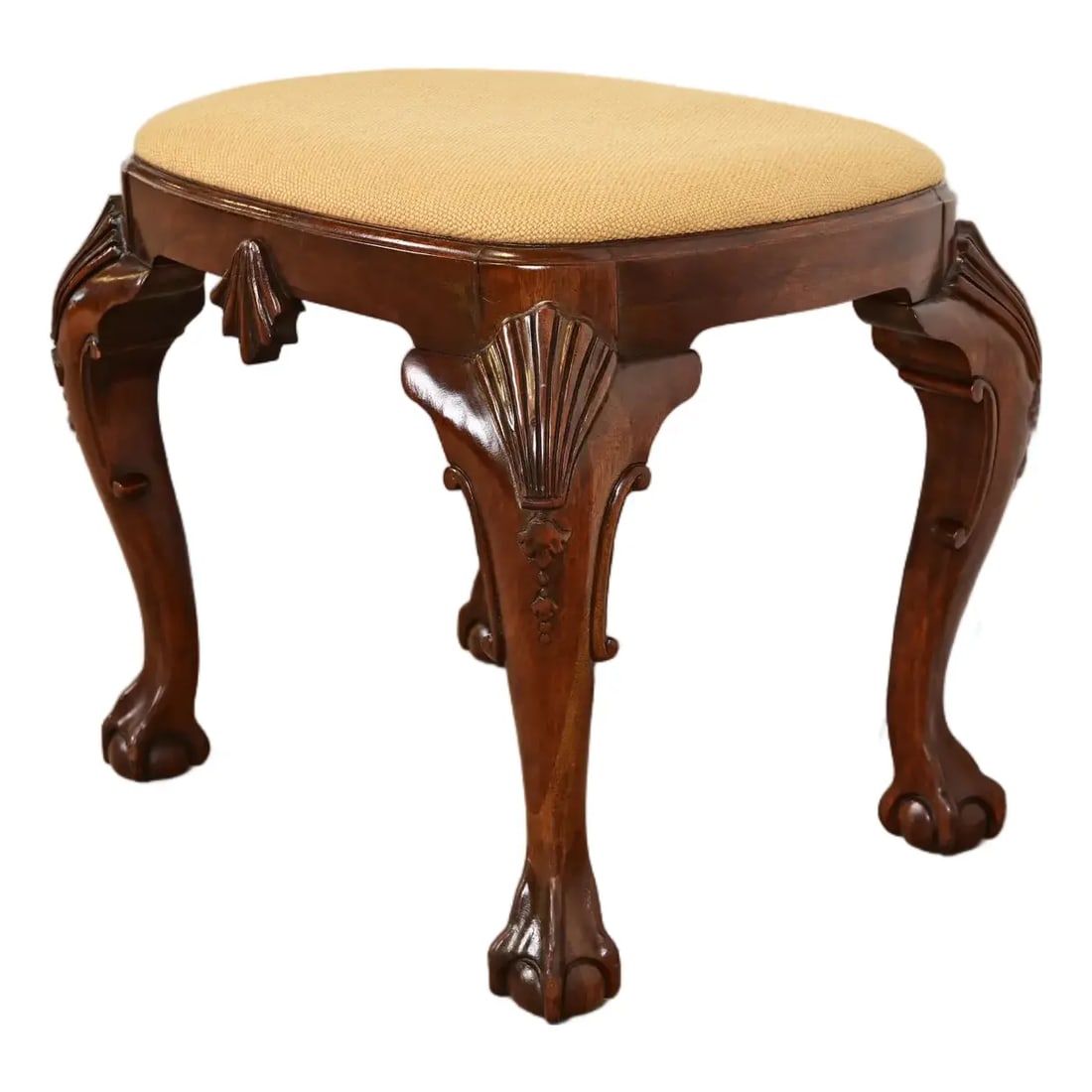Baker Furniture Historic Charleston Chippendale Carved Mahogany Stool or Ottoman: A gorgeous Chippendale or Georgian style ottoman or stool By Baker Furniture, "Historic Charleston" Collection USA, Late 20th Century Carved mahogany, with upholstered seat. Measures: 20"W x 16"D x 18