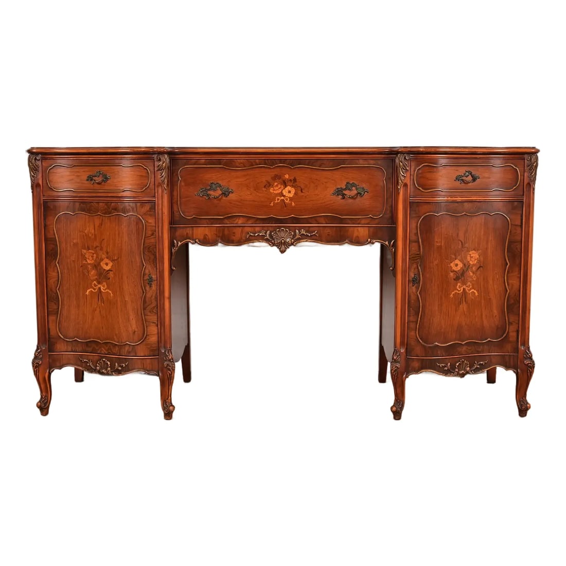 Romweber French Provincial Louis XV Carved Rosewood Inlaid Marquetry Sideboard, Circa 1920s: A gorgeous French Provincial Louis XV style sideboard, credenza, or bar cabinet By Romweber Retailed by H. Schmidt Mfg. Co. of Chicago USA, Circa 1920s Beautiful carved rosewood, with carved cabriole