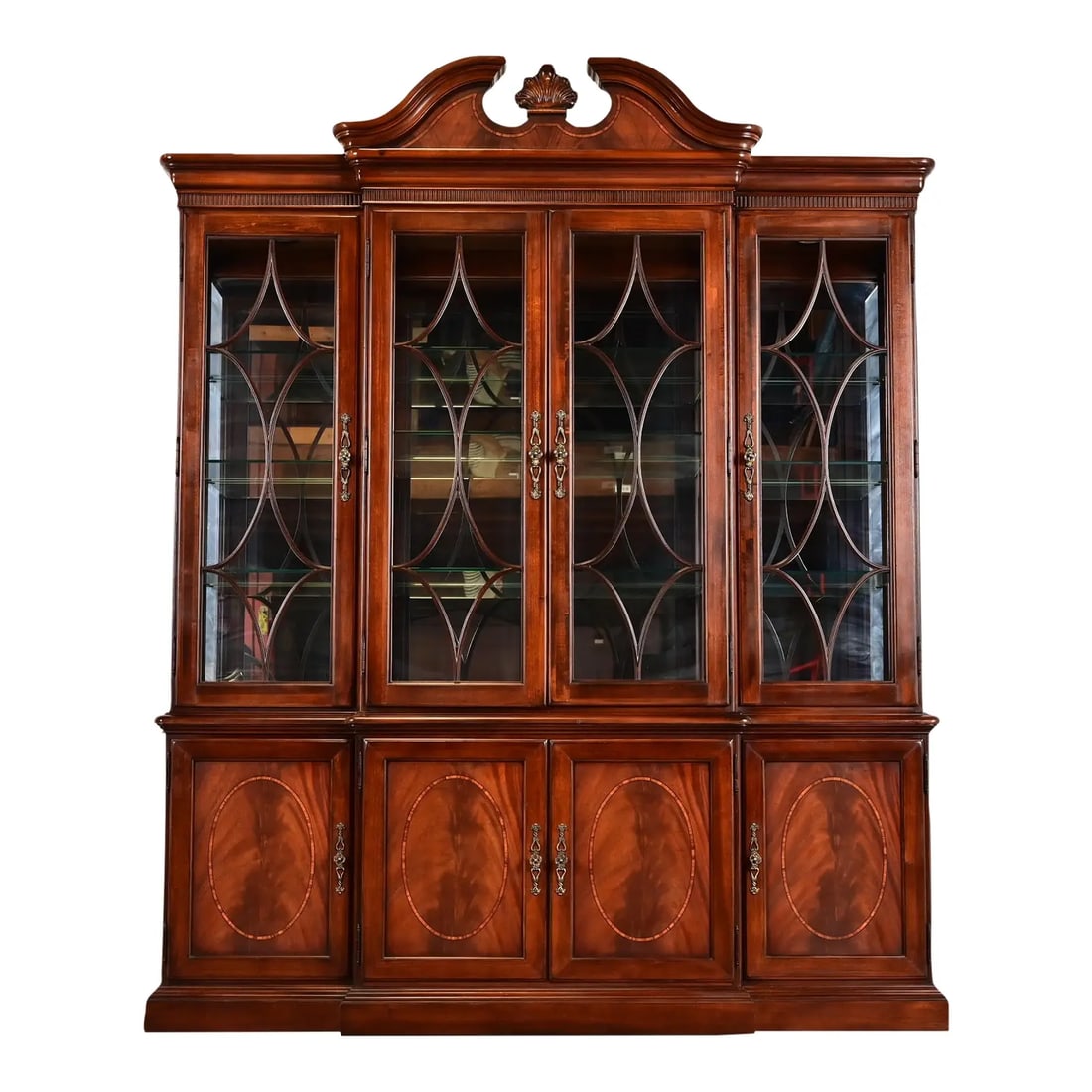 Thomasville Georgian Carved Flame Mahogany Lighted Breakfront Bookcase Cabinet (1 of 15)