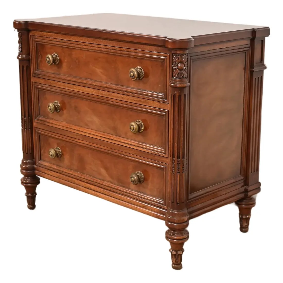 Karges French Regency Louis XVI Carved Mahogany Chest of Drawers: A gorgeous French Regency Louis XVI style three-drawer bachelor chest or bedside chest By Karges USA, Circa 1980s Carved mahogany, with original brass hardware. Measures: 32.25"W x 18.13"D x 28.38"H.