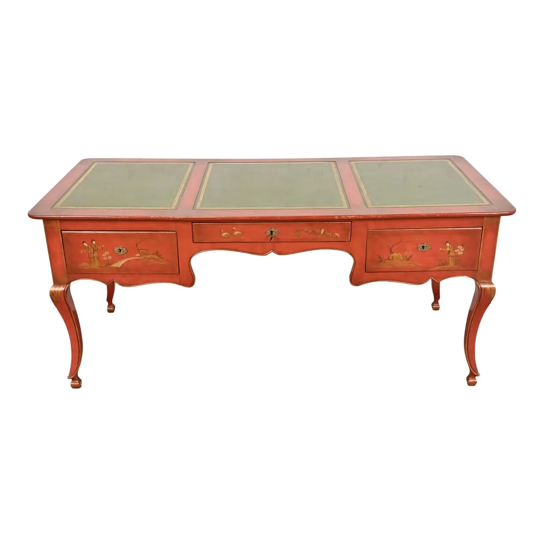 Baker Furniture French Regency Chinoiserie Red Lacquered Hand Painted Leather Top Bureau Plat Desk (1 of 14)