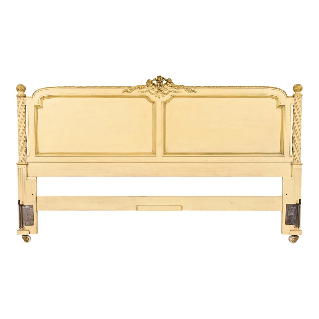 Henredon French Regency Louis XVI Cream Lacquered King Size Headboard, Circa 1960s: A stylish French Regency Louis XVI style king size headboard By Henredon USA, Circa 1960s Carved cream lacquered walnut, with olive green trim. Measures: 79.25"W x 3.38"D x 46.5"H. Good original vinta