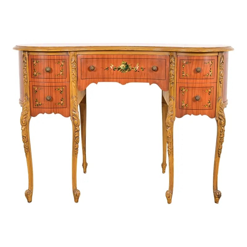 Romweber Style French Provincial Louis XV Carved Satinwood and Parcel Painted Kidney Shaped Vanity (1 of 13)