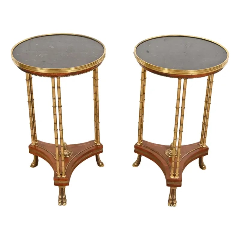 Baker Furniture Style Regency Burl Wood and Brass Marble Top Guéridon Side Tables, Pair (1 of 11)