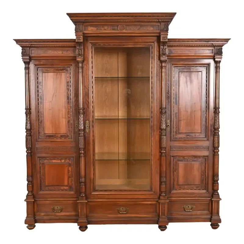 Herter Brothers Style Monumental Antique Eastlake Victorian Walnut and Burl Wood Triple Bookcase (1 of 13)