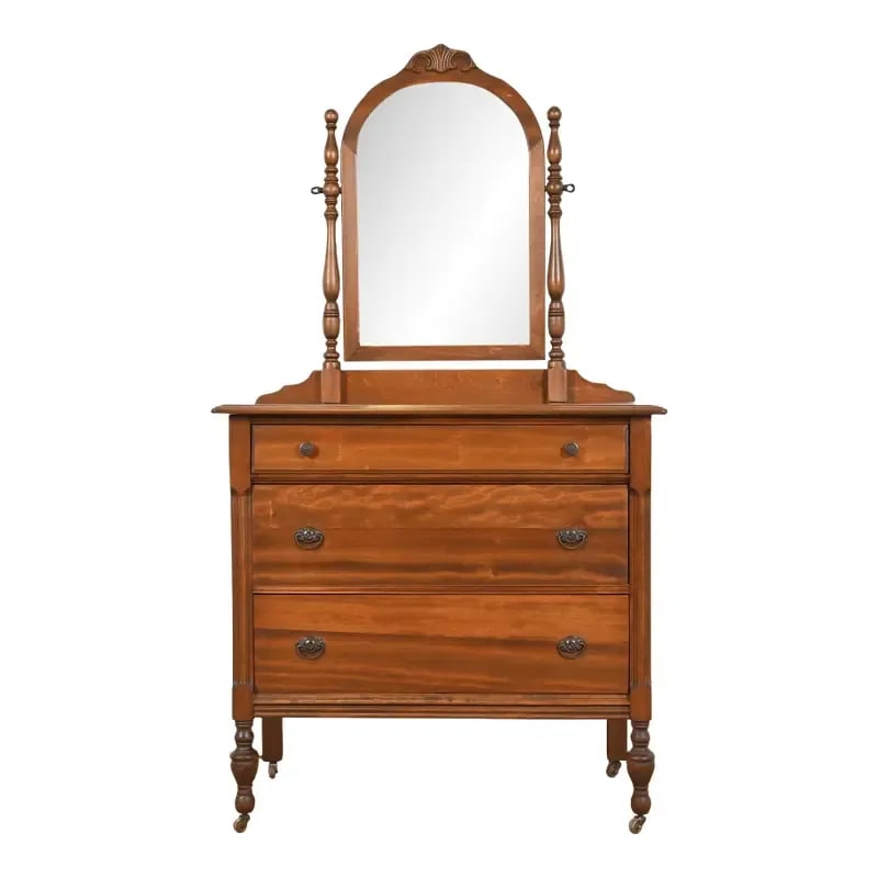 Baker Furniture Style Antique French Regency Louis XVI Carved Mahogany Vanity Dresser With Mirror: A gorgeous French Regency Louis XVI style carved mahogany three-drawer dresser vanity dresser with mirror In the manner of Baker Furniture By Universal Furniture Co. USA, Circa 1920s Carved mahogany,