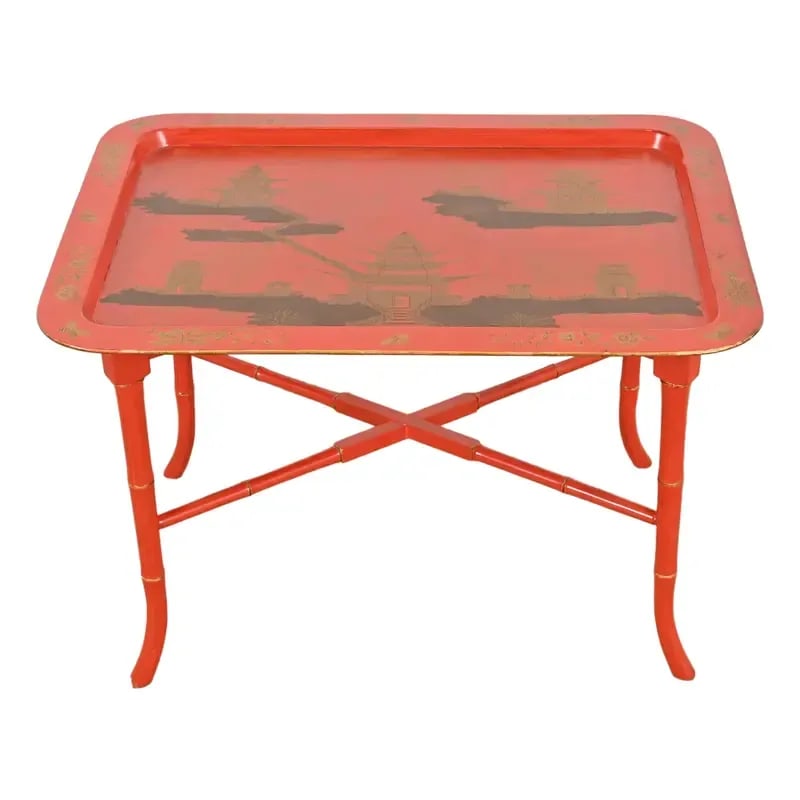 Baker Furniture Style Hollywood Regency Chinoiserie Red Lacquered Faux Bamboo Coffee Table (1 of 9)