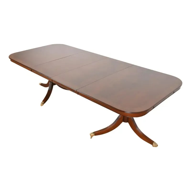 Baker Furniture Style Georgian Banded Flame Mahogany Double Pedestal Extension Dining Table (1 of 12)