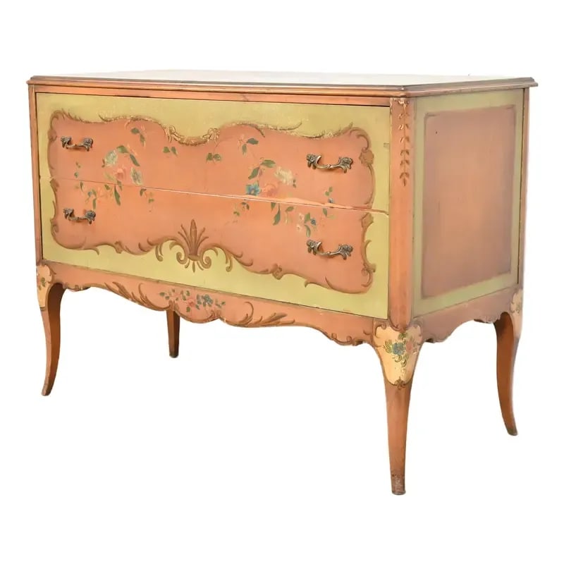 French Provincial Louis XV Painted Dresser or Chest of Drawers by Irwin, Circa 1920s: A gorgeous French Provincial Louis XV style two drawer dresser or chest of drawers By Robert W. Irwin Co. USA, Circa 1920s Walnut, with original hand painted floral design, and original brass hardware