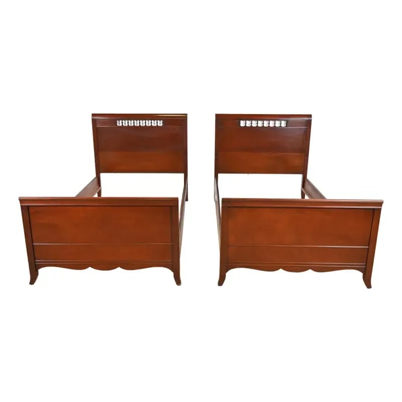 Regency Carved Mahogany Twin Beds by Fancher, Circa 1940s: A gorgeous pair of Georgian or Regency style carved mahogany twin beds By Fancher Furniture USA, Circa 1940s Each measures: 41.13"W x 79.5"D x 39.5"H. Good original vintage condition.