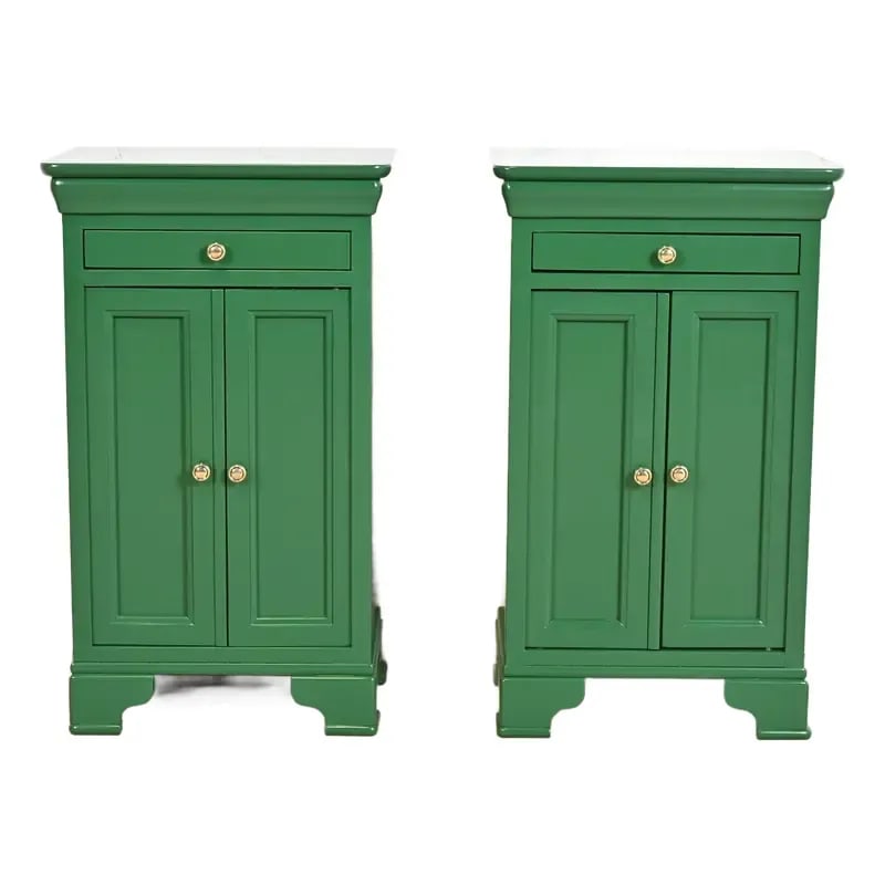 Grange French Louis Philippe Green Lacquered Nightstands, Newly Refinished: A gorgeous pair of French Louis Philippe style nightstands or bedside chests By Grange France, Circa Late 20th century. Green lacquered solid cherry wood, with original brass hardware. Each measures: