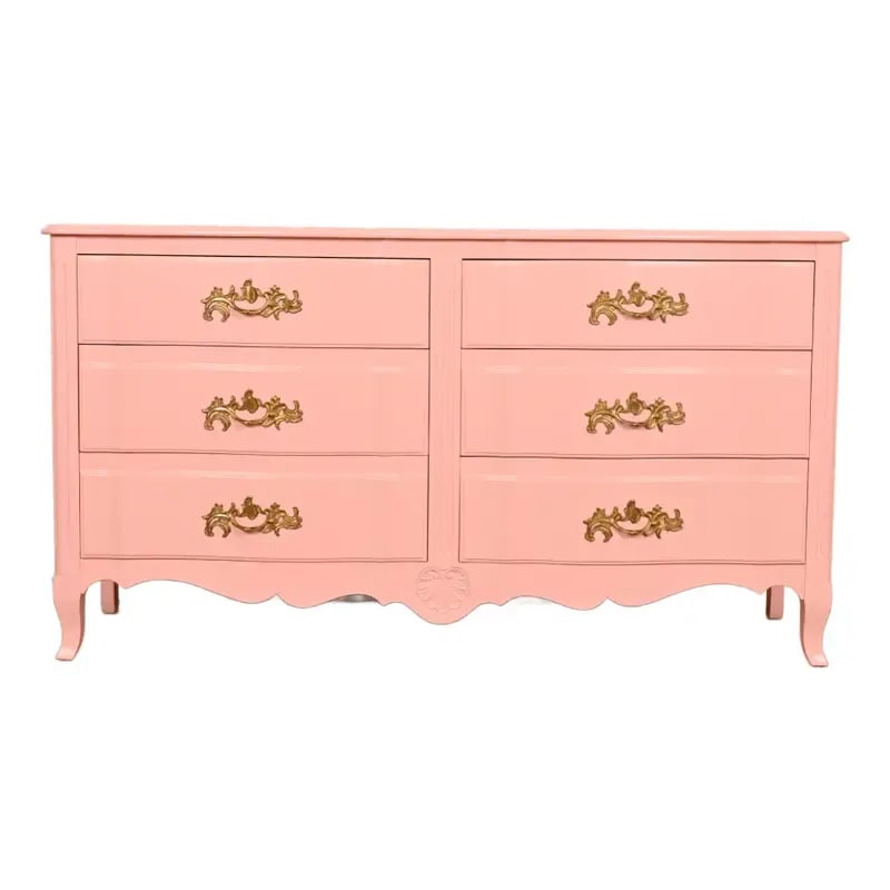 John Widdicomb French Provincial Louis XV Pink Lacquered Six-Drawer Dresser, Newly Refinished (1 of 12)