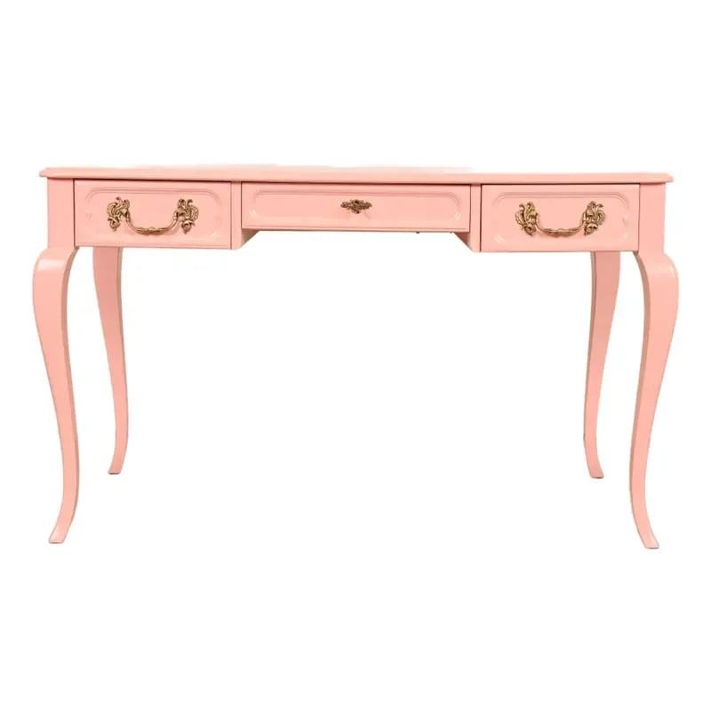 Baker Furniture French Provincial Louis XV Pink Lacquered Writing Desk, Newly Refinished (1 of 12)