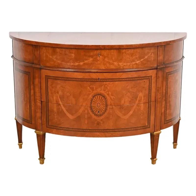 Baker Furniture Style French Regency Louis XVI Burl Wood Demilune Chest of Drawers (1 of 12)