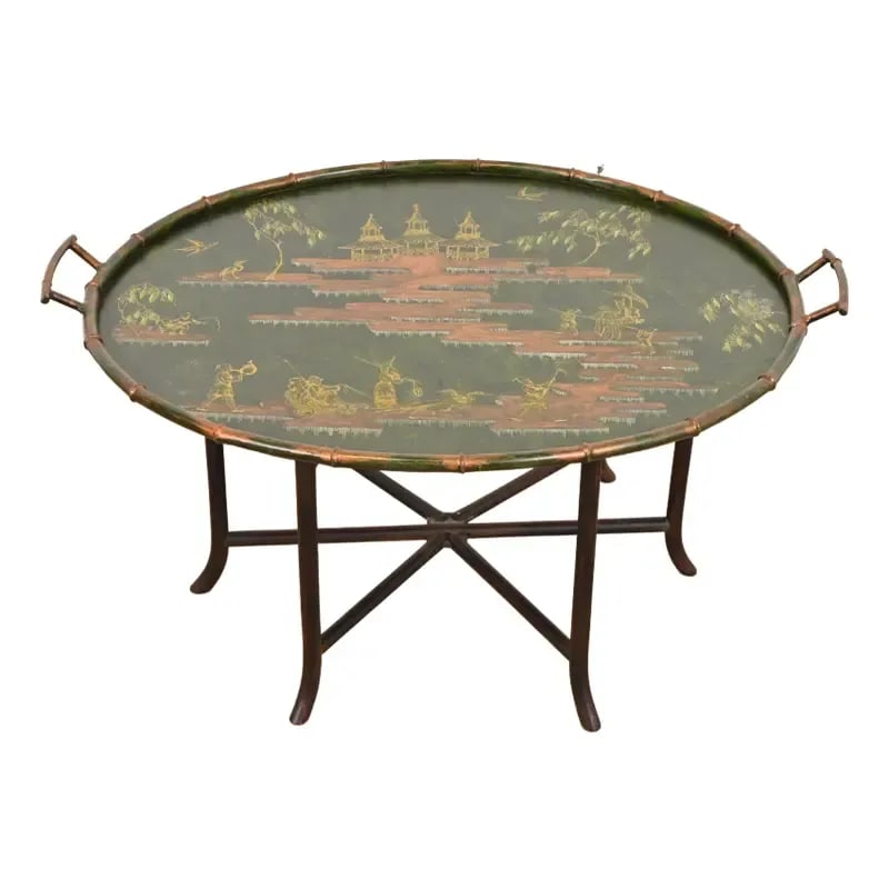 Baker Furniture Style Hollywood Regency Chinoiserie Faux Bamboo Tole Tray Coffee Table (1 of 8)