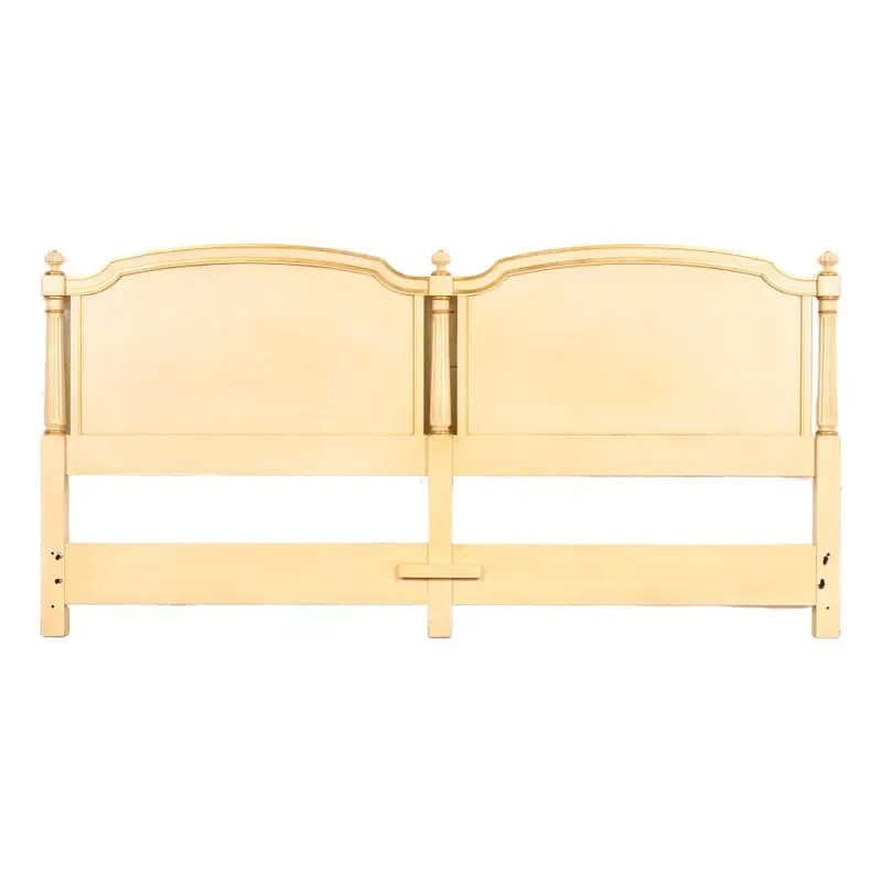 Kindel Furniture French Regency Cream Lacquered Parcel Gilt King Size Headboard, Circa 1960s: A gorgeous French Regency Louis XVI style king size headboard By Kindel Furniture USA, Circa 1960s Carved solid cherry wood in original cream lacquer, with gold gilt details. Measures: 79"W x 2.25"D x