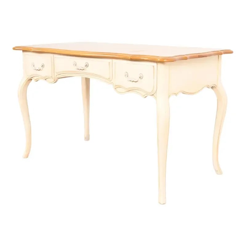 Ethan Allen French Provincial Louis XV Cream Lacquered Maple Top Writing Desk: A gorgeous French Provincial Louis XV style writing desk By Ethan Allen USA, Late 20th Century Cream lacquered maple, with natural maple top and original painted brass hardware. Measures: 51"W x 26.75