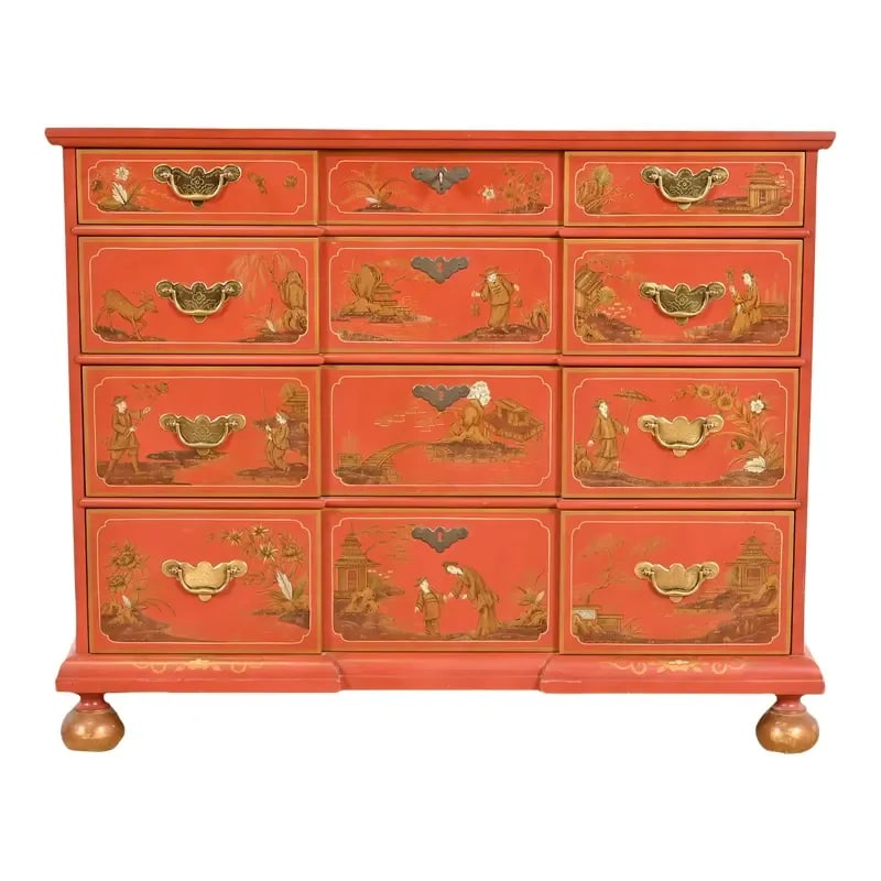 Baker Furniture Hollywood Regency Chinoiserie Red Lacquered Hand Painted Chest of Drawers (1 of 12)