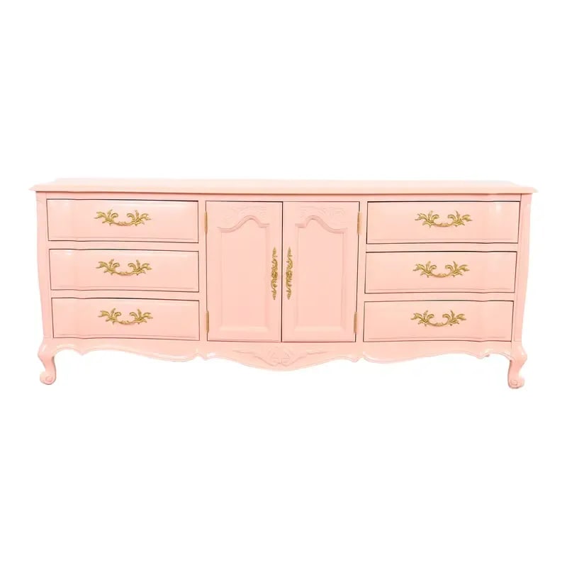 White Furniture French Provincial Louis XV Pink Lacquered Triple Dresser, Newly Refinished: A gorgeous French Provincial Louis XV style long dresser or credenza By White Furniture USA, Circa 1960s Pink lacquered solid cherry wood, with original brass hardware. Measures: 82"W x 21.5"D x 32.75