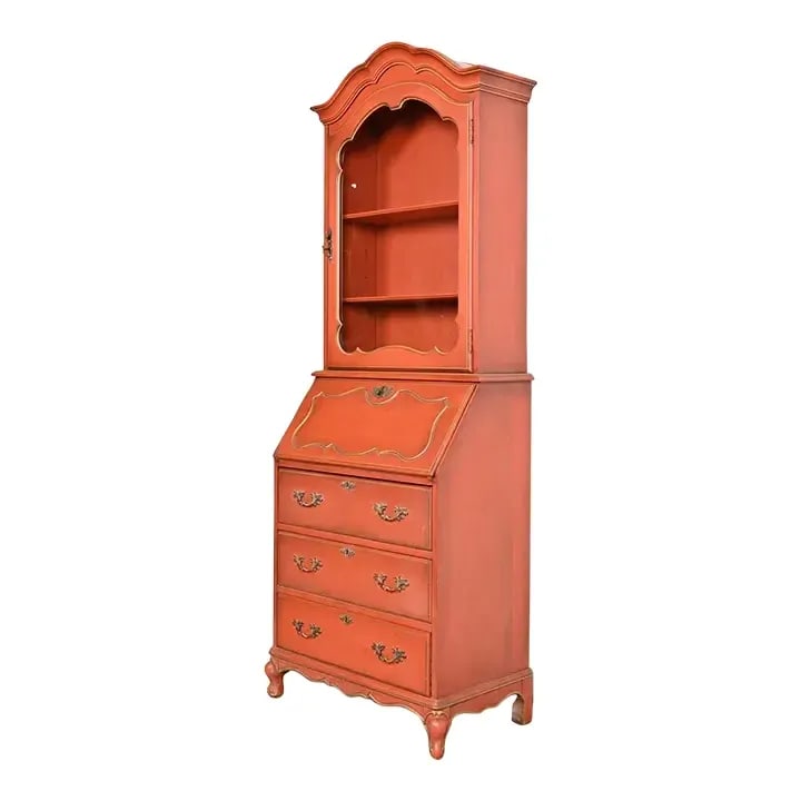 Baker Furniture Style French Provincial Louis XV Red Lacquered Drop Front Secretary Desk (1 of 11)