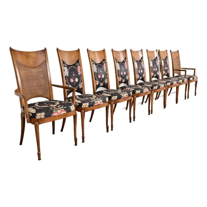 William Doezema for Mastercraft Mid-Century Modern Hollywood Regency Burl Wood Dining Chairs: A gorgeous set of eight mid-century modern Hollywood Regency dining chairs By William Doezema for Mastercraft USA, 1970s Sculpted burled Carpathian elm wood frames, with caned backs on armchairs, bras
