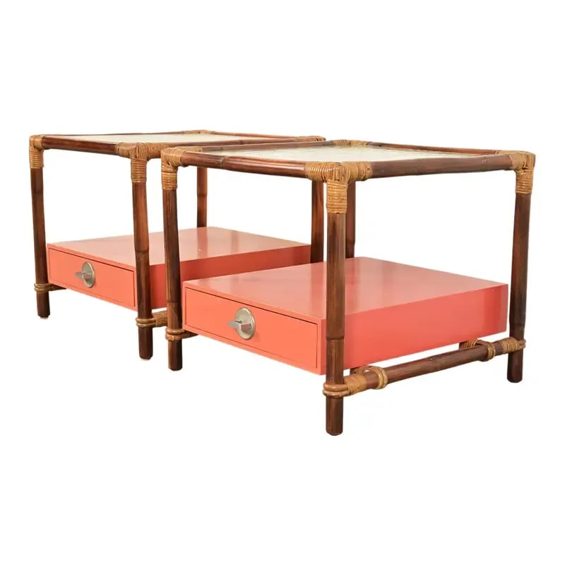 John Wisner for Ficks Reed Mid-Century Hollywood Regency Bamboo Rattan Glass Top Side Tables, Pair (1 of 11)