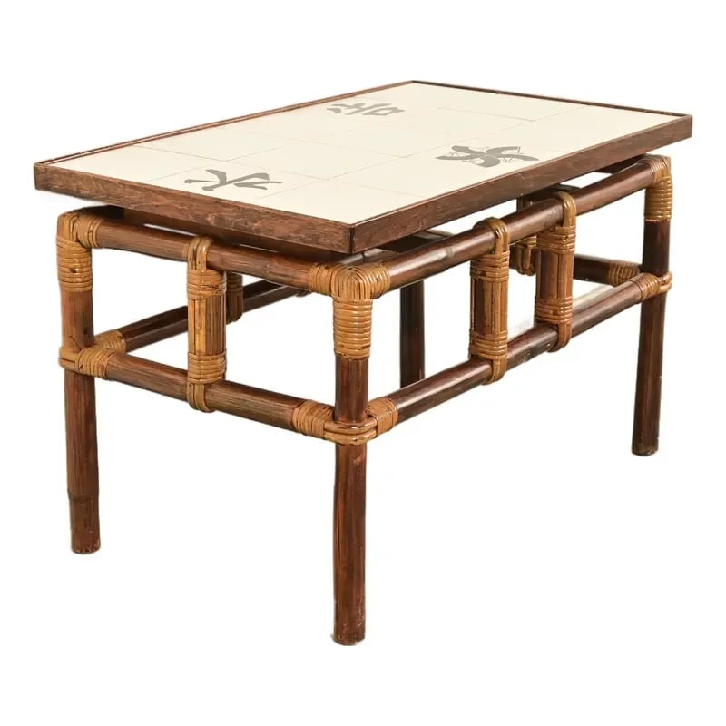 John Wisner for Ficks Reed Mid-Century Hollywood Regency Bamboo Rattan Tile Top Side Table, 1950s (1 of 11)