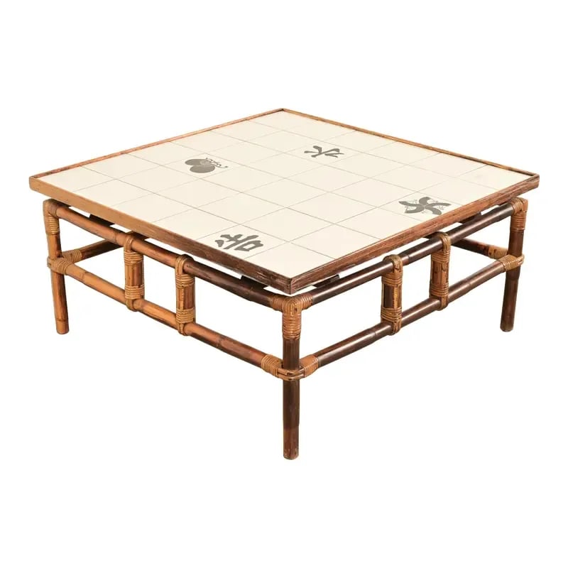 John Wisner for Ficks Reed Mid-Century Hollywood Regency Bamboo Rattan Tile Top Coffee Table, 1950s (1 of 10)