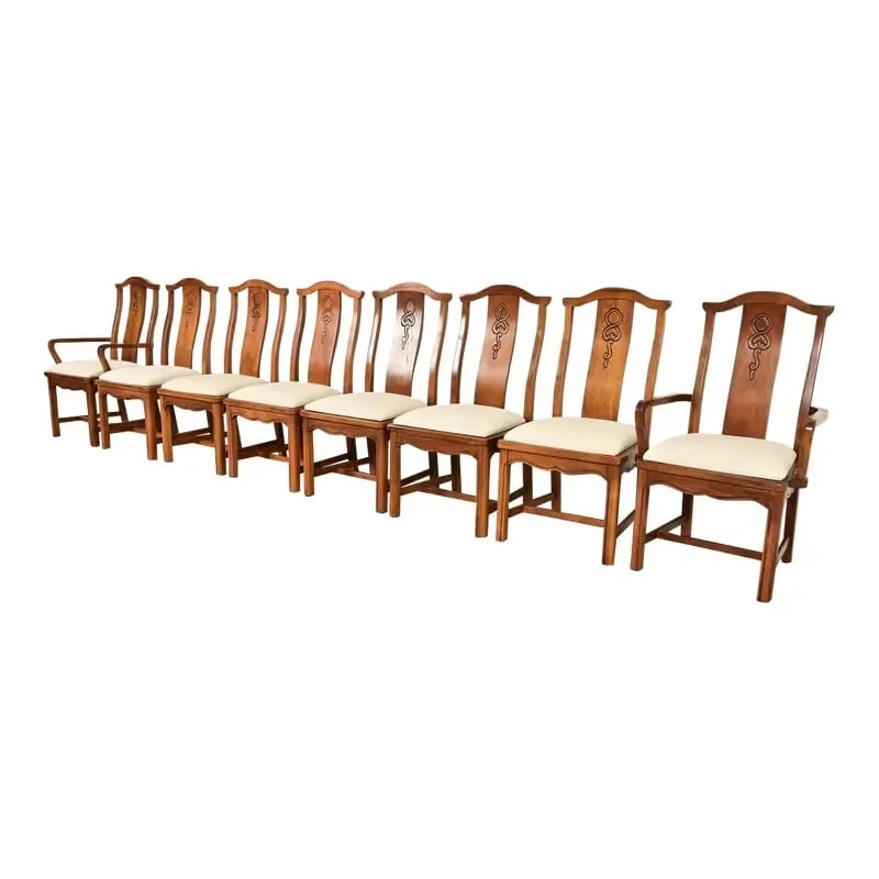 Thomasville Mid-Century Hollywood Regency Chinoiserie Carved Walnut Dining Chairs, Set of Eight: A gorgeous set of eight Mid-Century Modern Hollywood Regency Chinoiserie dining chairs By Thomasville USA, Circa 1970s Solid carved walnut frames, with upholstered seats. Measures: Side chairs: 20"W x
