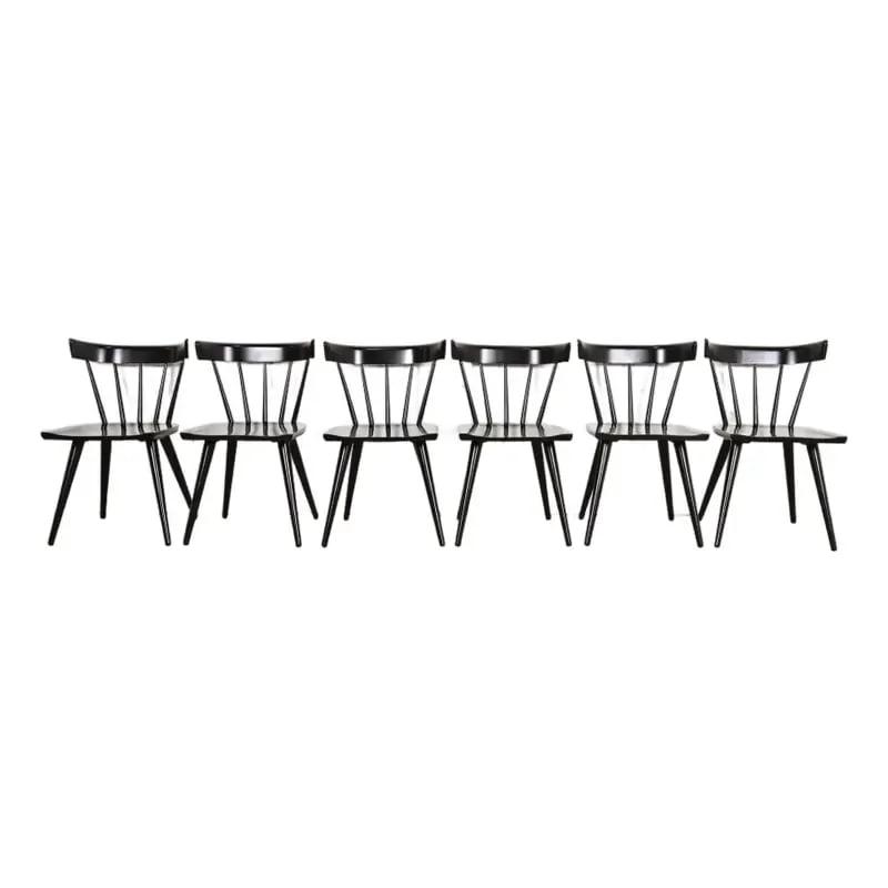 Paul McCobb Planner Group Mid-Century Modern Spindle Back Dining Chairs, Set of Six: An exceptional set of six iconic mid-century modern spindle back dining chairs By Paul McCobb for Winchendon Furniture, "Planner Group" USA, 1950s Solid maple, with black lacquered finish. Measures: 1