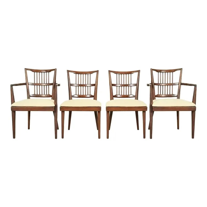 Paul McCobb Style Mid-Century Modern Sculpted Walnut Spindle Back Dining Chairs, Set of Four (1 of 12)