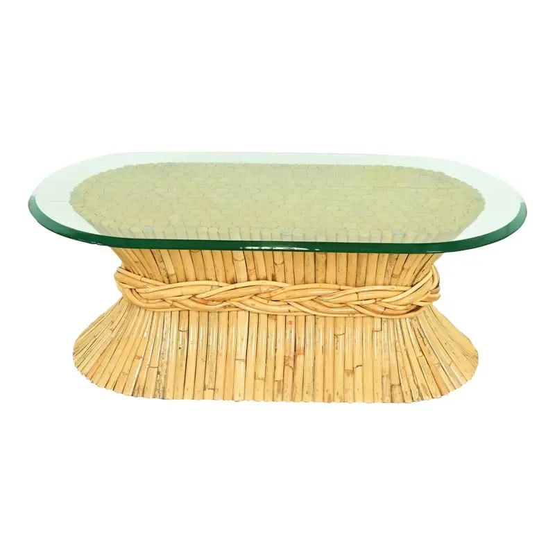 McGuire Hollywood Regency Organic Modern Bamboo Sheaf of Wheat Pedestal Coffee Table, Circa 1970s: A gorgeous mid-century Hollywood Regency Organic Modern pedestal coffee table By McGuire of San Francisco USA, Circa 1970s Bamboo base in sheaf of wheat form, with thick beveled glass top. Measures: 4