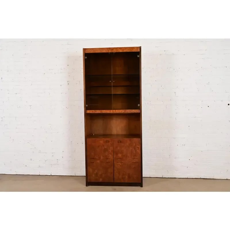 Jack Cartwright for Founders Burl Wood Lighted Bookcase or Bar Cabinet, Circa 1970s - 2