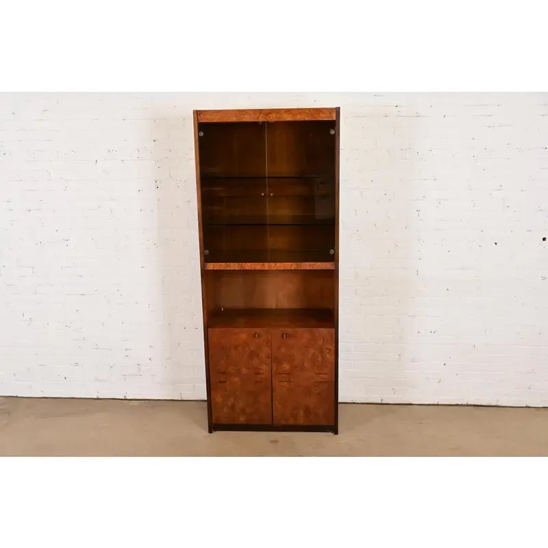 Jack Cartwright for Founders Burl Wood Lighted Bookcase or Bar Cabinet, Circa 1970s - 3