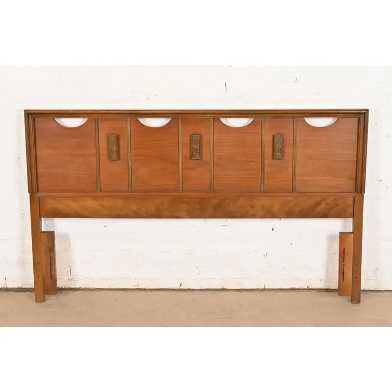 Mayan Collection Mid-Century Modern Sculpted Walnut Queen Size Headboard, 1960s - 2